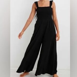 aerie Black Wide-Leg Square-Neck Jumpsuit